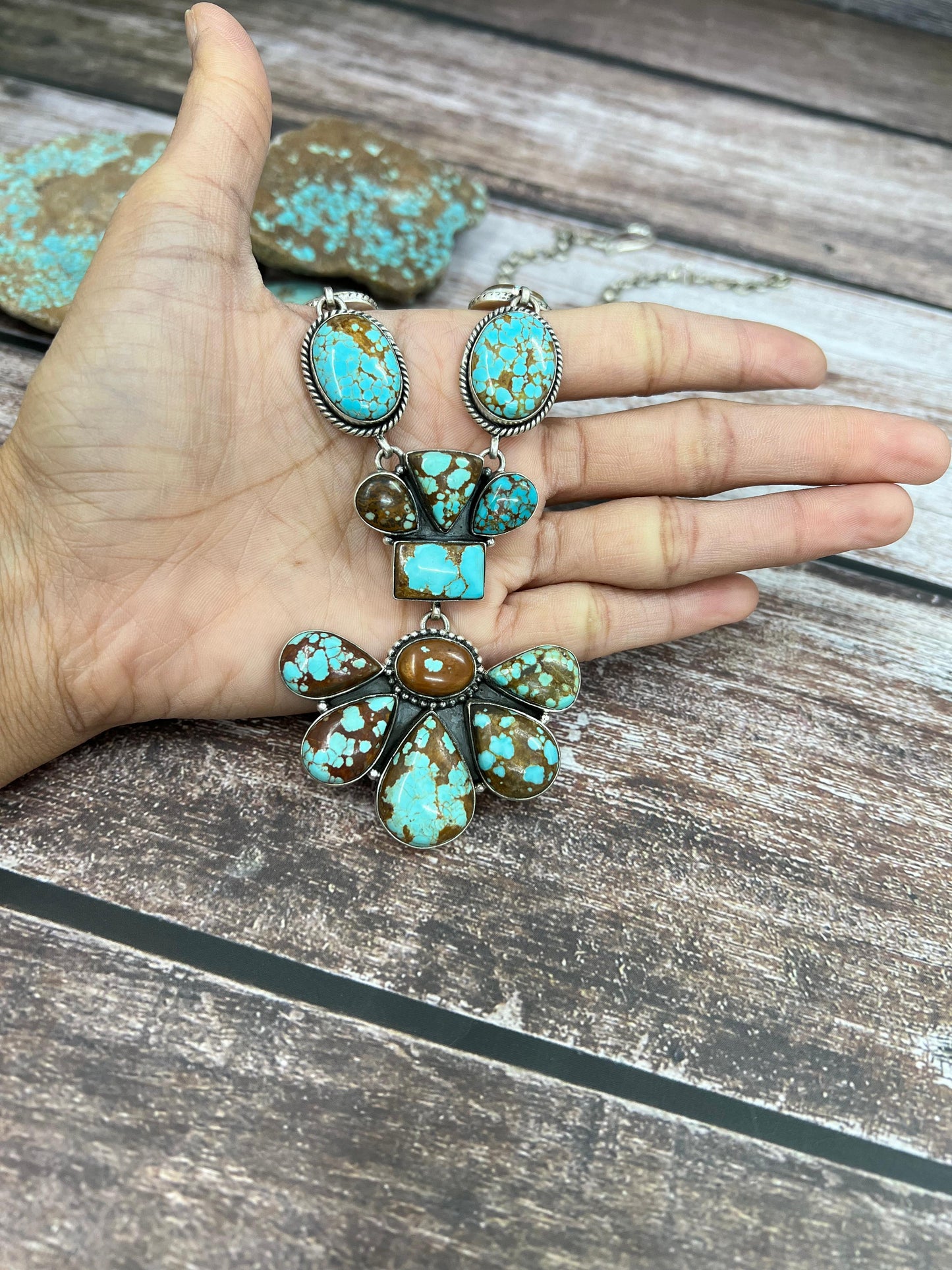 Handmade Sterling Silver Number 8 Turquoise Necklace with Signed Nizhoni