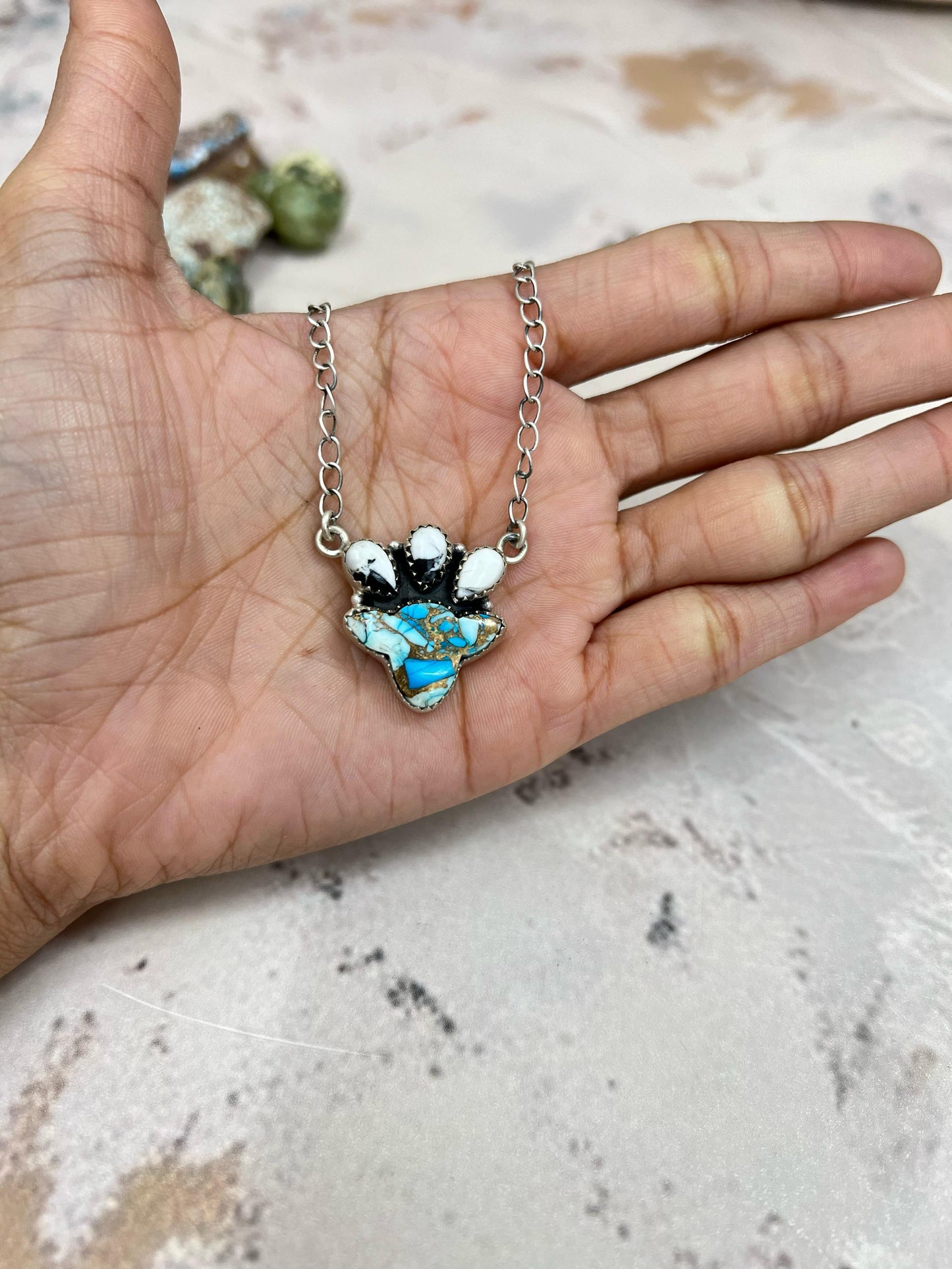 Handmade Sterling Silver Blue Ice Rose Dahlia with White Buffalo Necklace with Signed Nizhoni