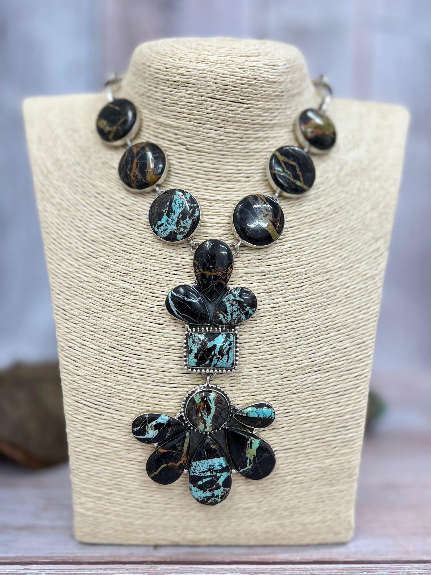 Handmade Sterling Silver Black Jack Necklace with Signed Nizhoni