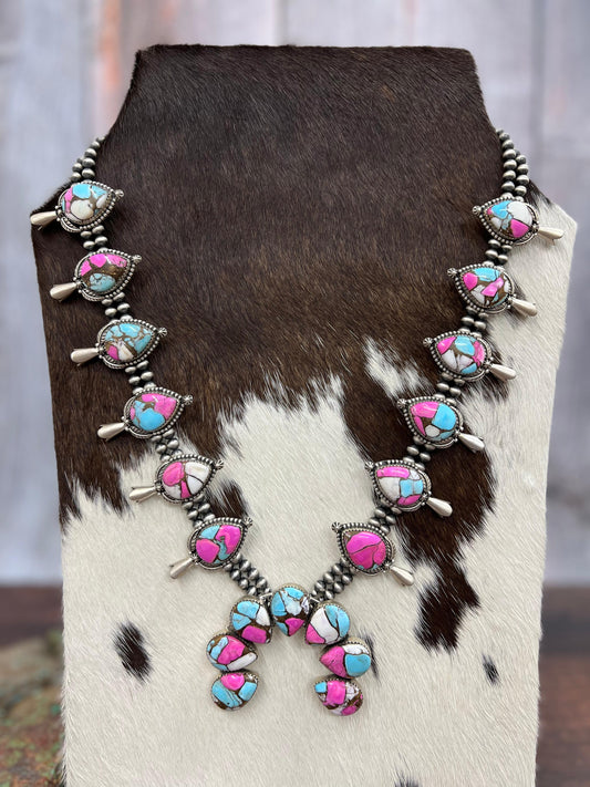 Handmade Sterling Silver Cotton Candy Turquoise Squash Blossom Necklace with Signed Nizhoni