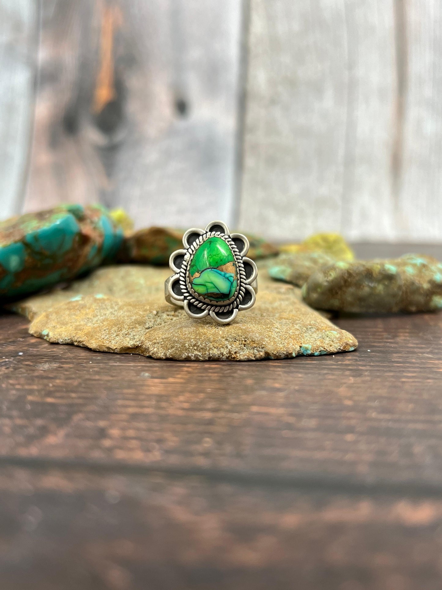 Handmade Sterling Silver Peacock Dahlia Adjustable Ring with Signed Nizhoni