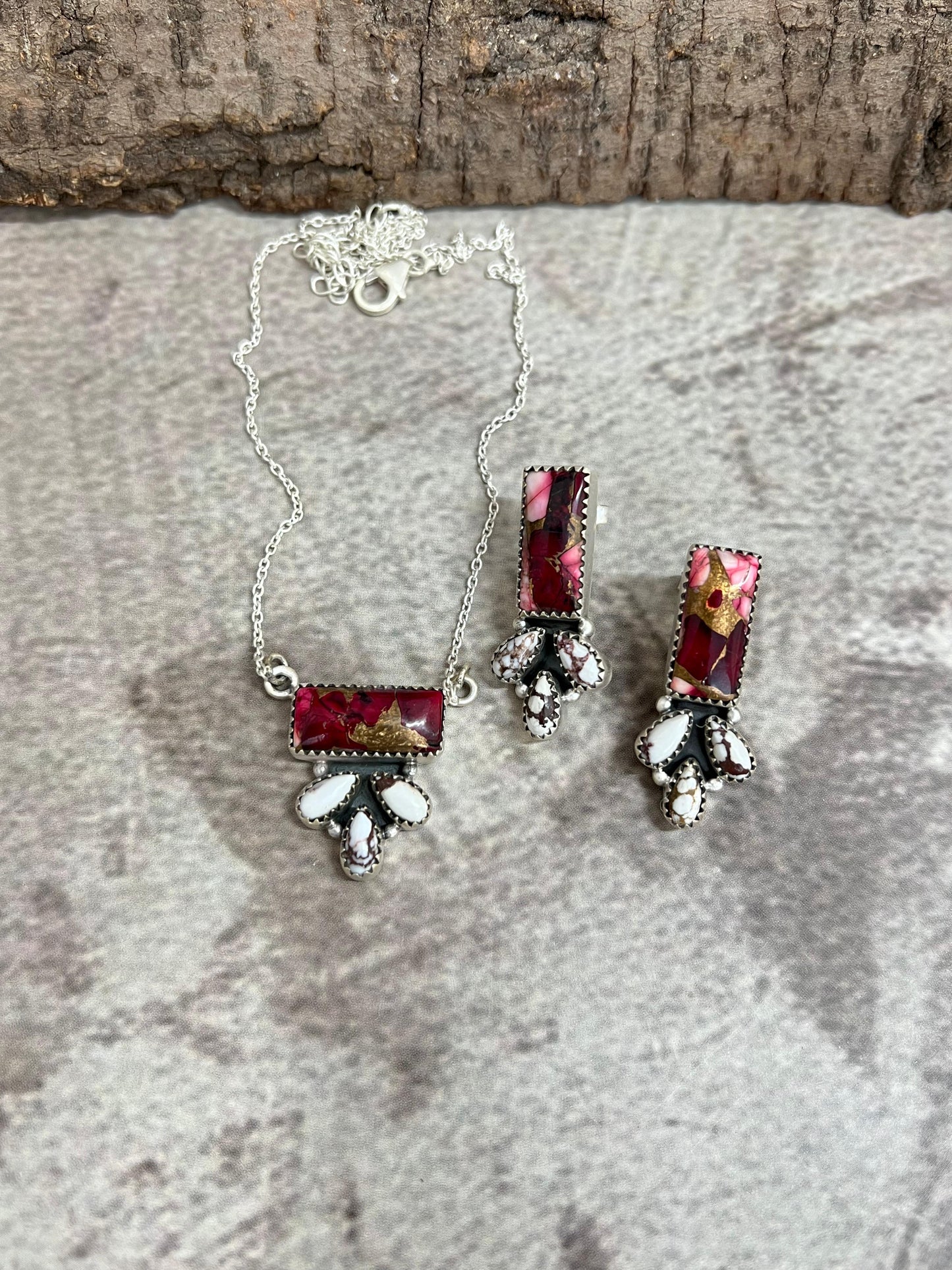 Handmade Sterling Silver Dahlia Rose with Wild Horse Necklace Earrings Set, Signed Nizhoni (6)