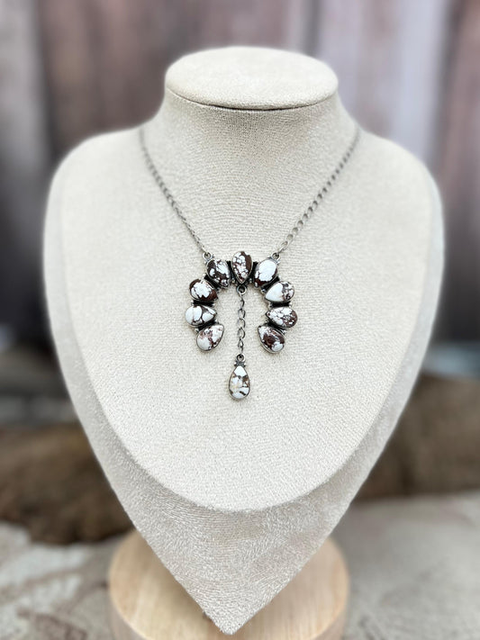 Handmade Sterling Silver Wild Horse Turquoise Squash Blossom Necklace with Signed Nizhoni