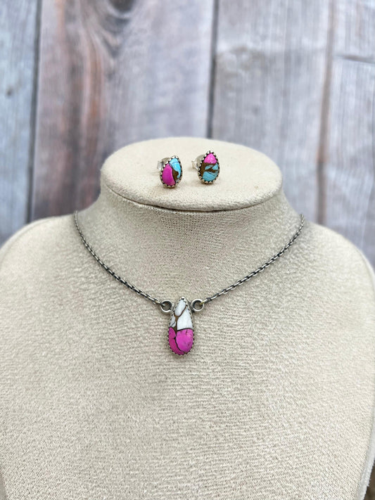 Handmade Sterling Silver Cotton Candy Turquoise Necklace Earrings Set with Signed Nizhoni