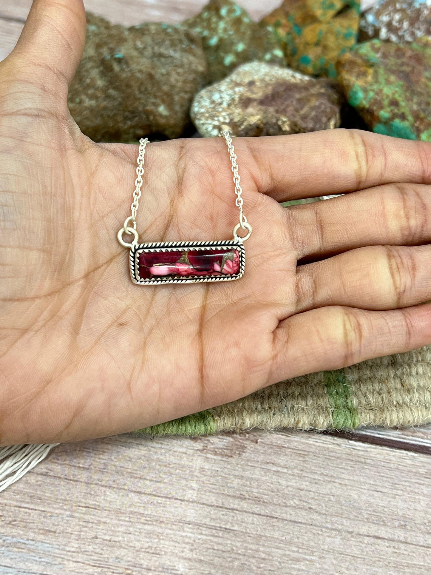 Handmade Sterling Silver Dahlia Rose Bar Necklace with Signed Nizhoni
