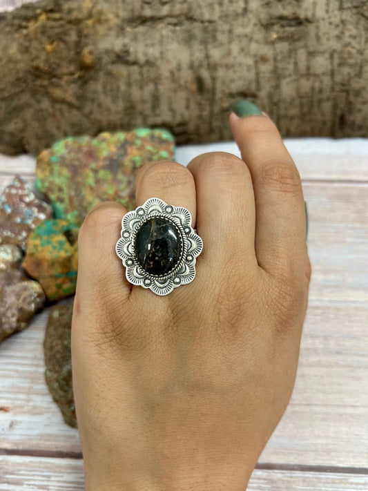 Handmade Sterling Silver Black Jack Adjustable Ring with Signed Nizhoni
