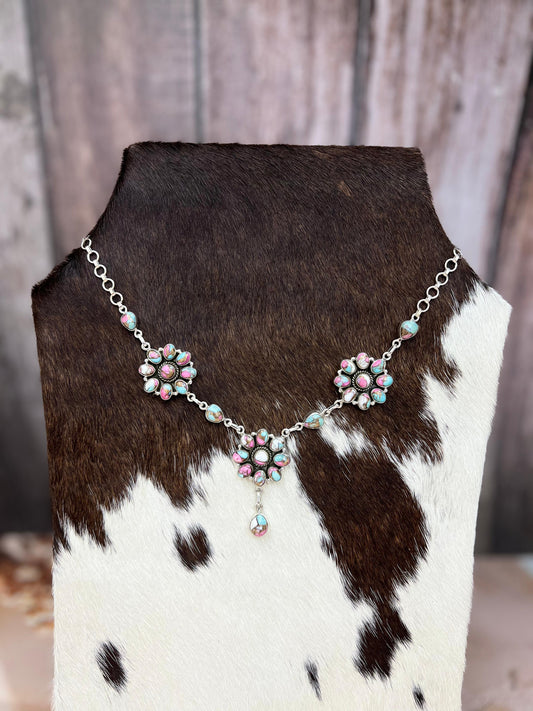 Handmade Sterling Silver Cotton Candy Turquoise Necklace with Signed Nizhoni