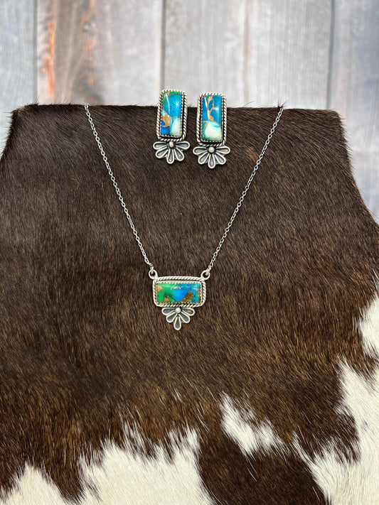 Handmade Sterling Silver Peacock Dahlia Necklace Earrings Set with Signed Nizhoni