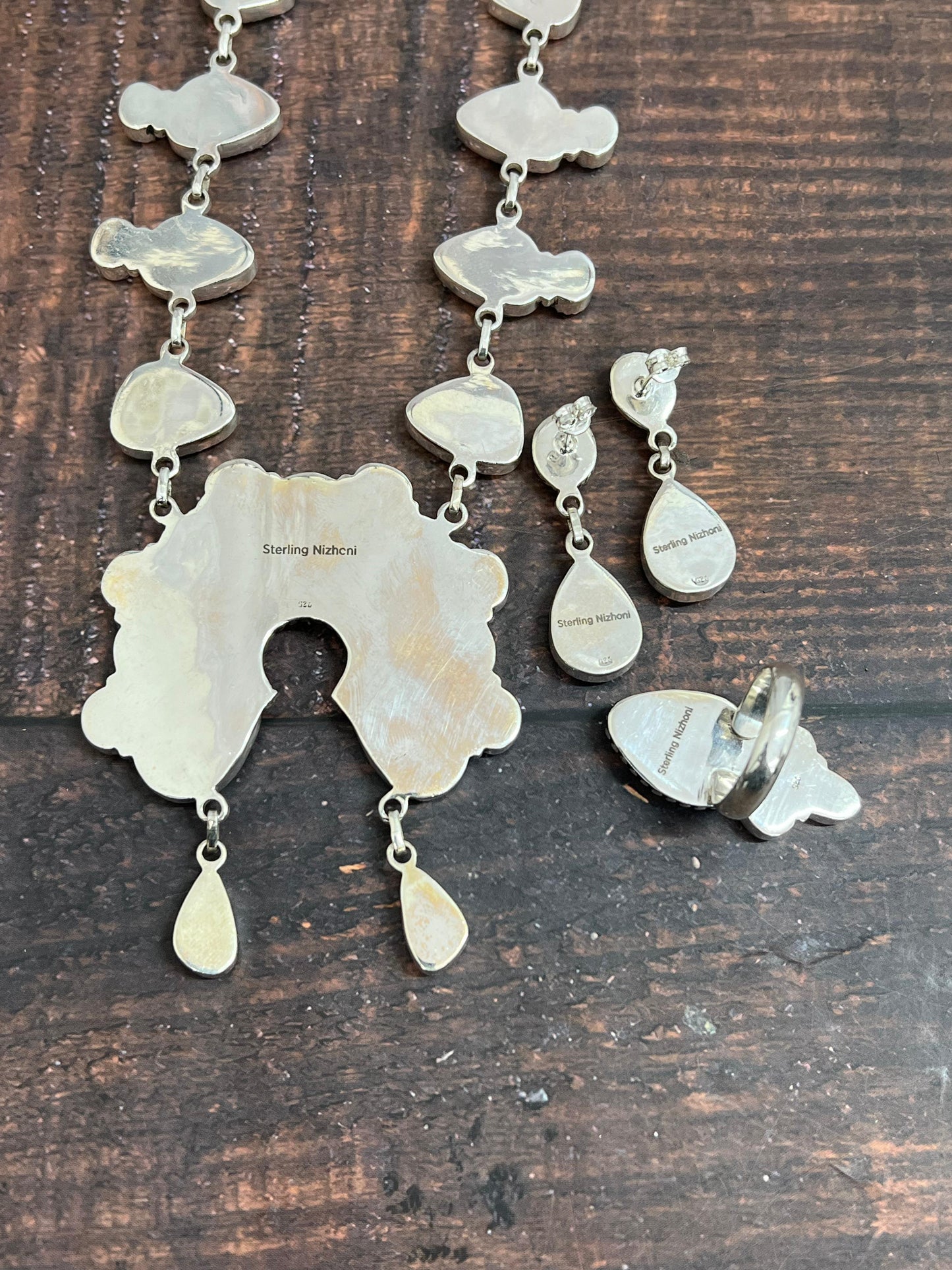 Handmade Sterling Silver Peacock Dahlia with Druzy Necklace, Ring & Earrings Set, Signed Nizhoni