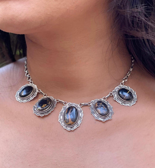 Handmade Sterling Silver Black Jack Choker Necklace with Signed Nizhoni