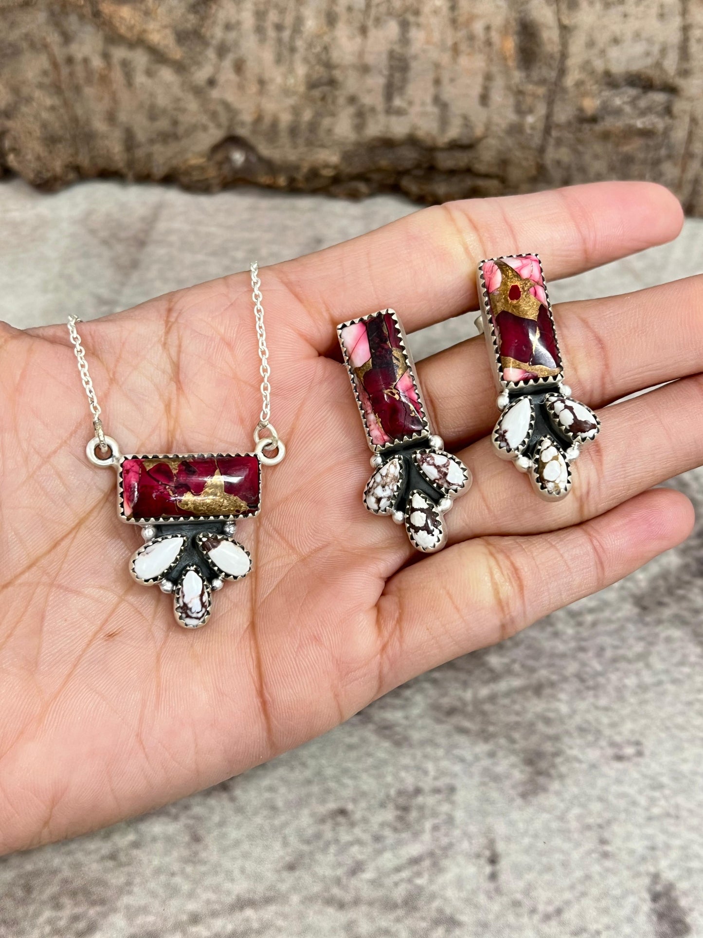 Handmade Sterling Silver Dahlia Rose with Wild Horse Necklace Earrings Set, Signed Nizhoni (6)