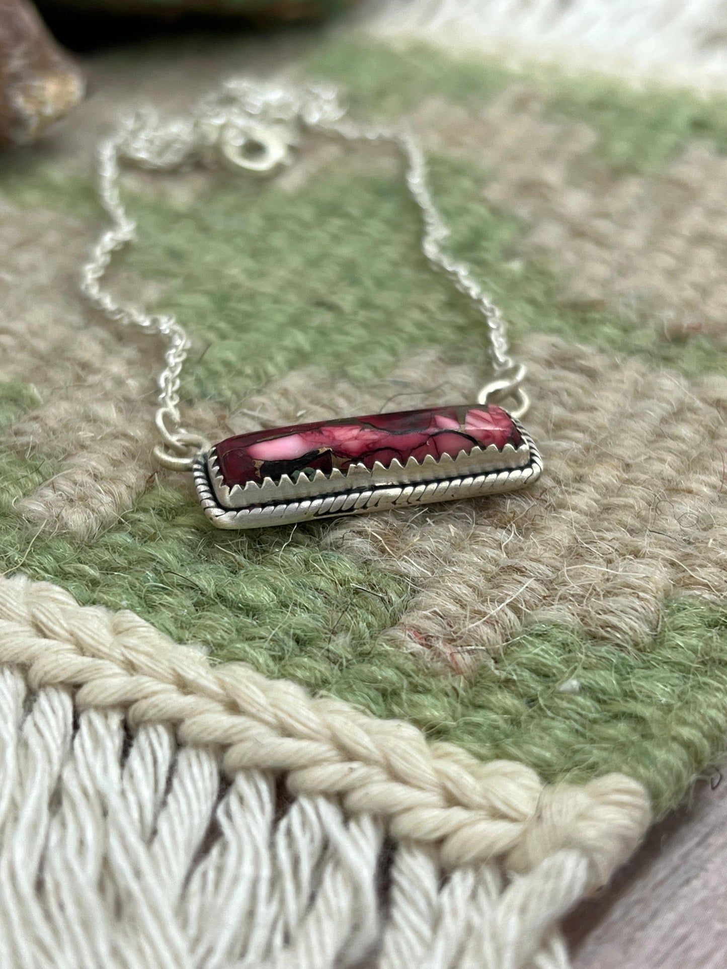 Handmade Sterling Silver Dahlia Rose Bar Necklace with Signed Nizhoni