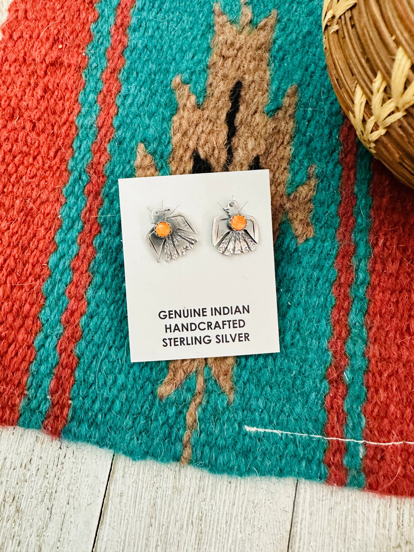 Navajo Sterling Silver & Orange Spiny Thunderbird Stud Earrings