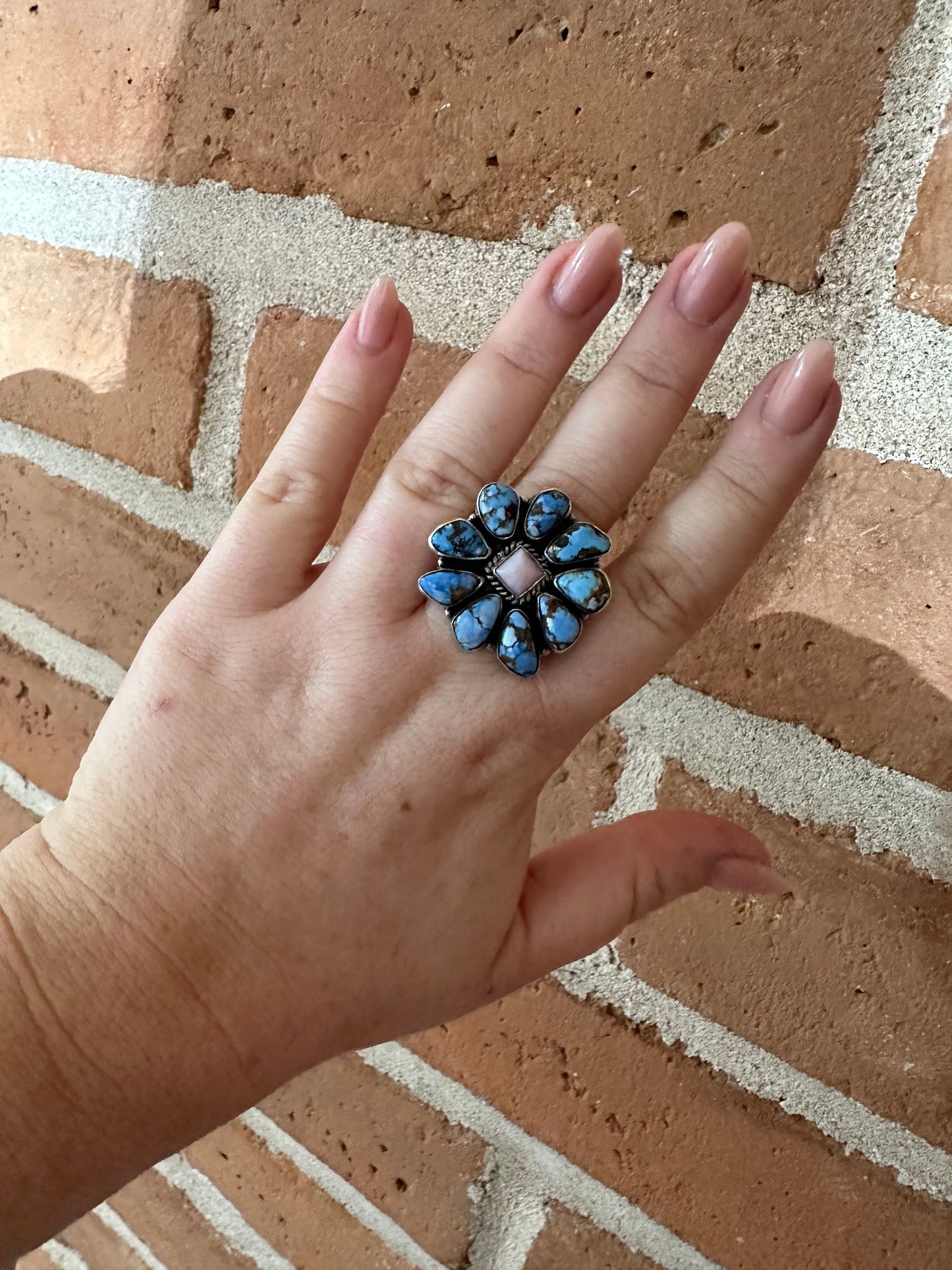 Beautiful Handmade Golden Hills Turquoise, Pink Conch And Sterling Silver Adjustable Ring