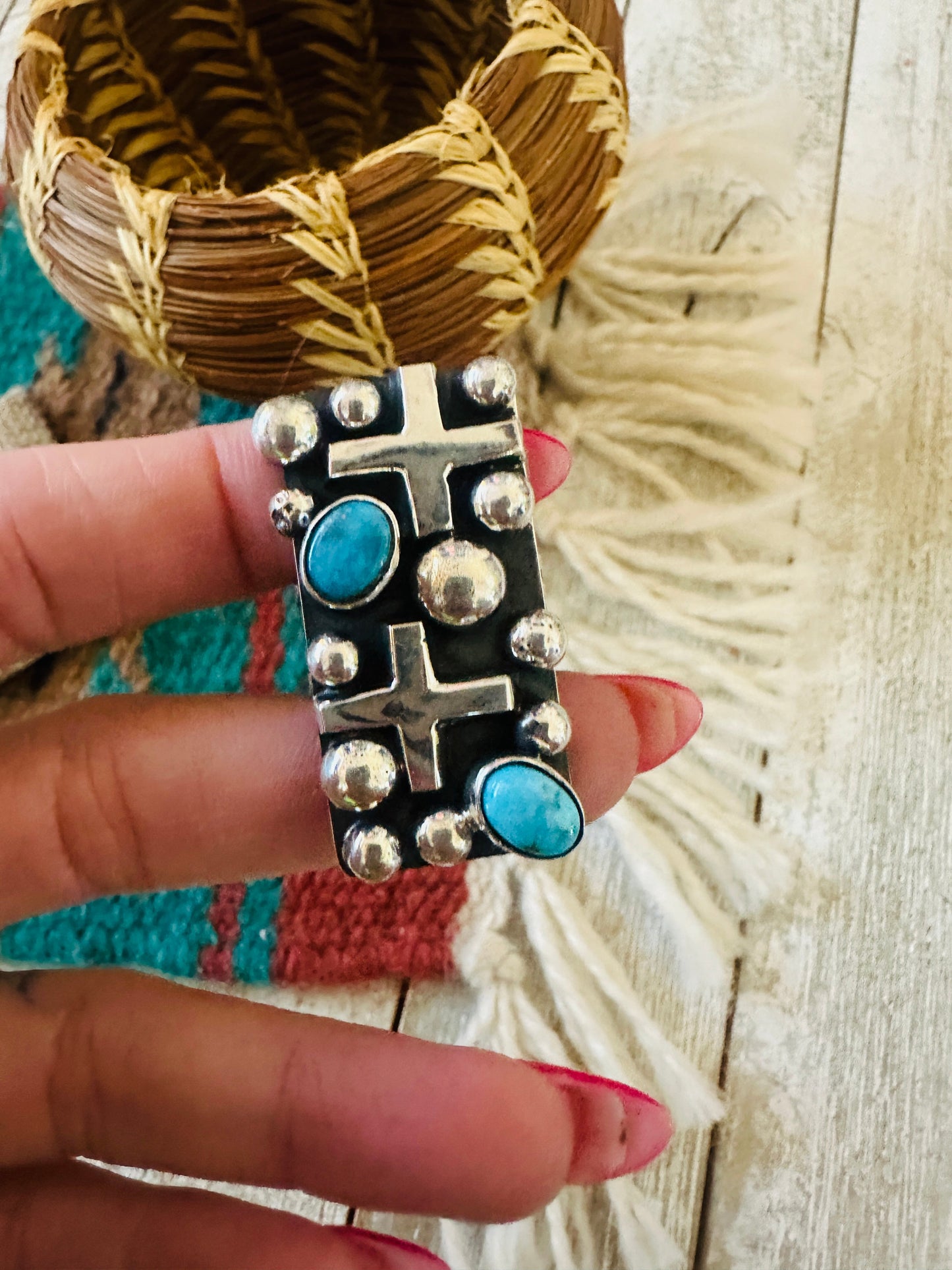 Navajo Turquoise & Sterling Silver Cross Ring Chimney Butte Size 8