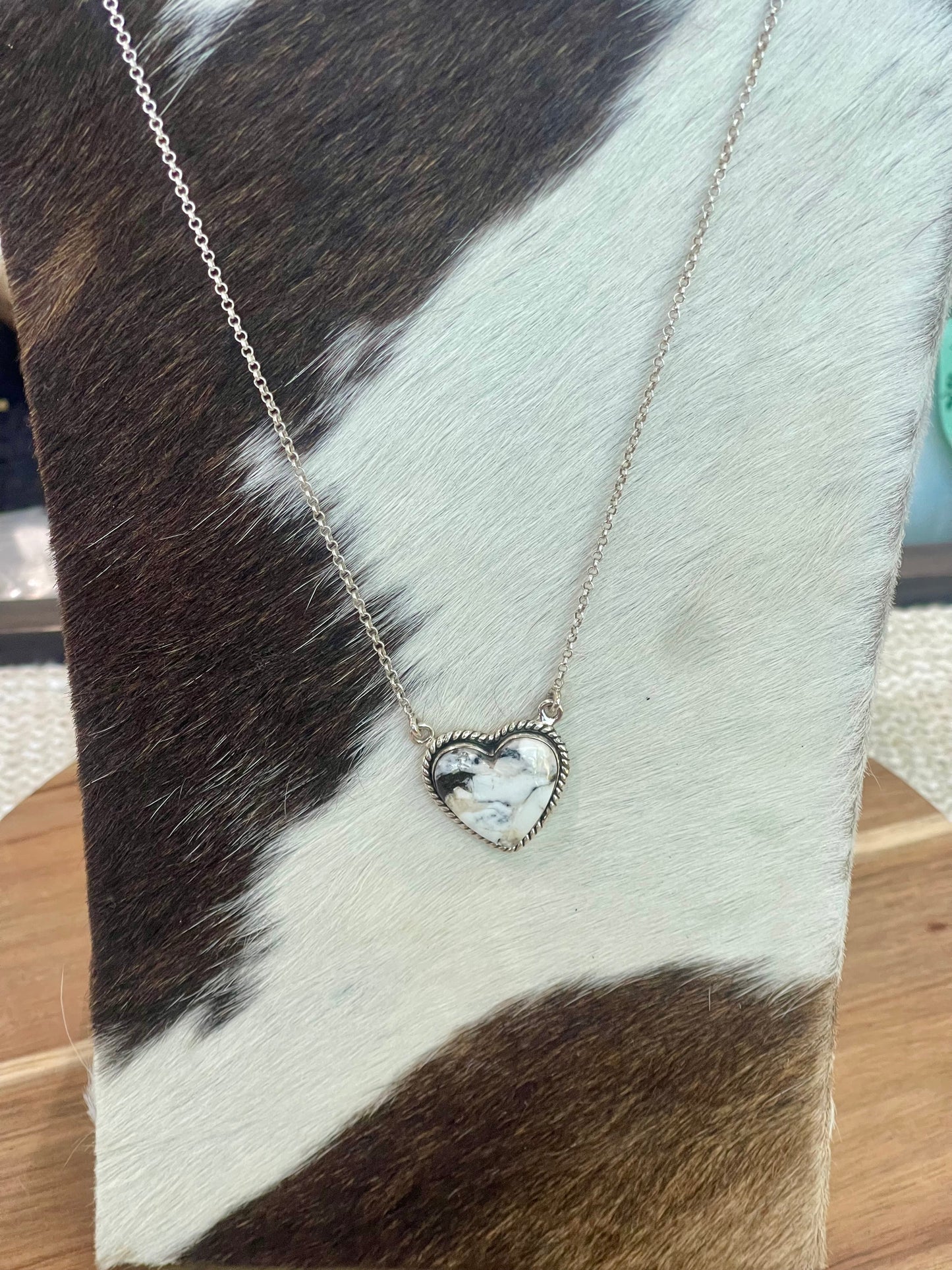 Handmade Sterling Silver, White Buffalo Heart Necklace Signed Nizhoni