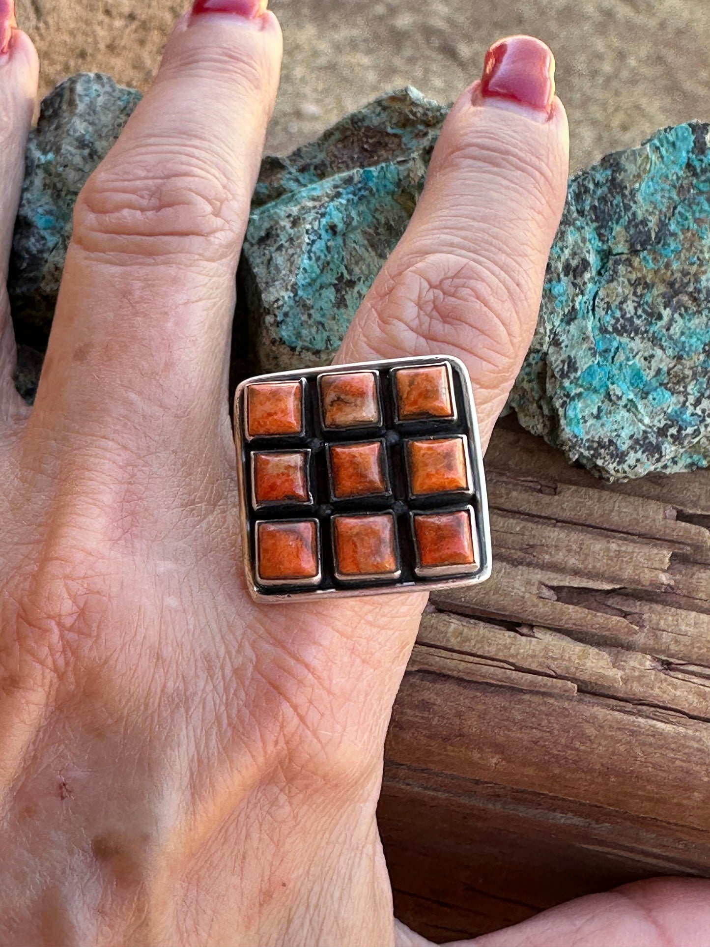 Beautiful Handmade Sterling Silver And Orange Mojave Square Adjustable Ring