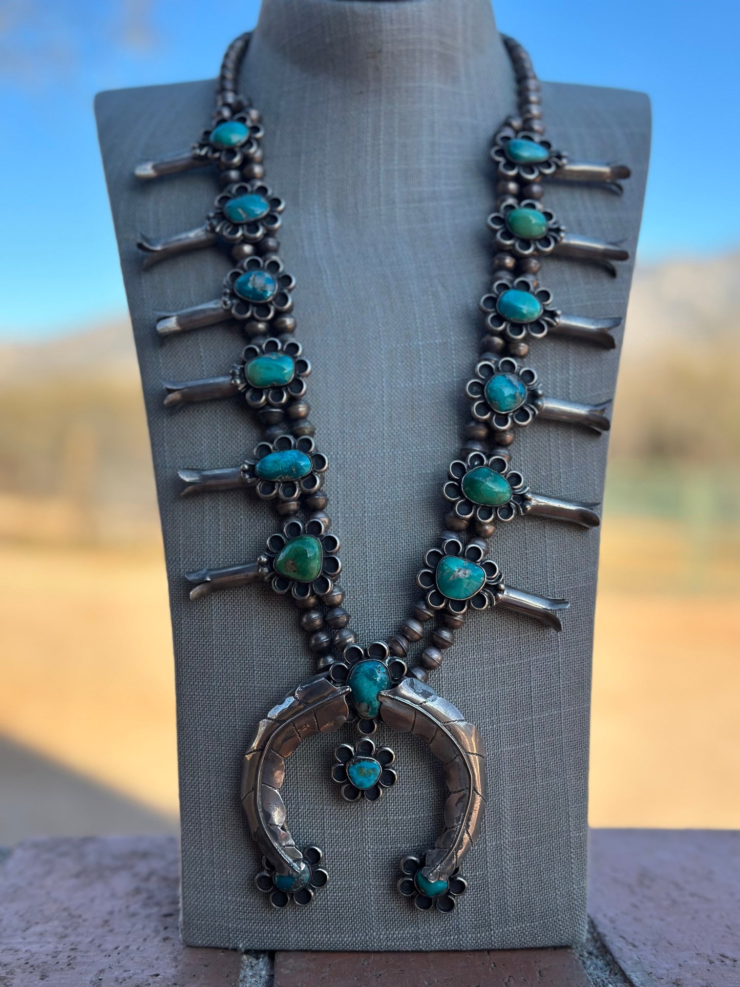 Estate Collection Old Pawn Navajo Turquoise & Sterling Silver Squash Blossom Necklace