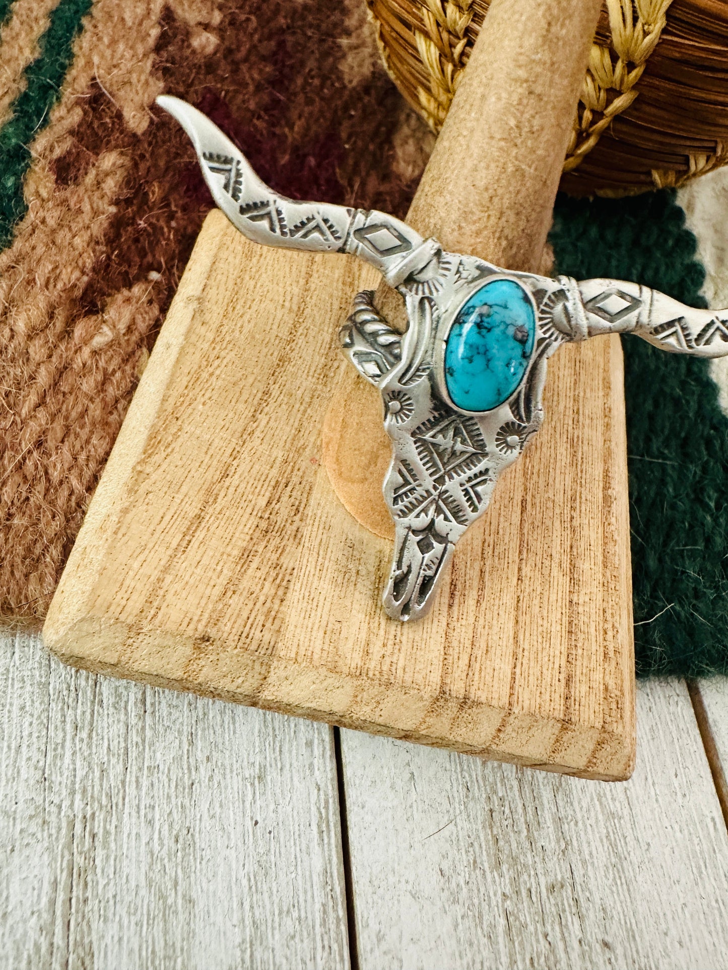 Navajo Sonoran Turquoise & Sterling Silver Bullhead Adjustable Ring