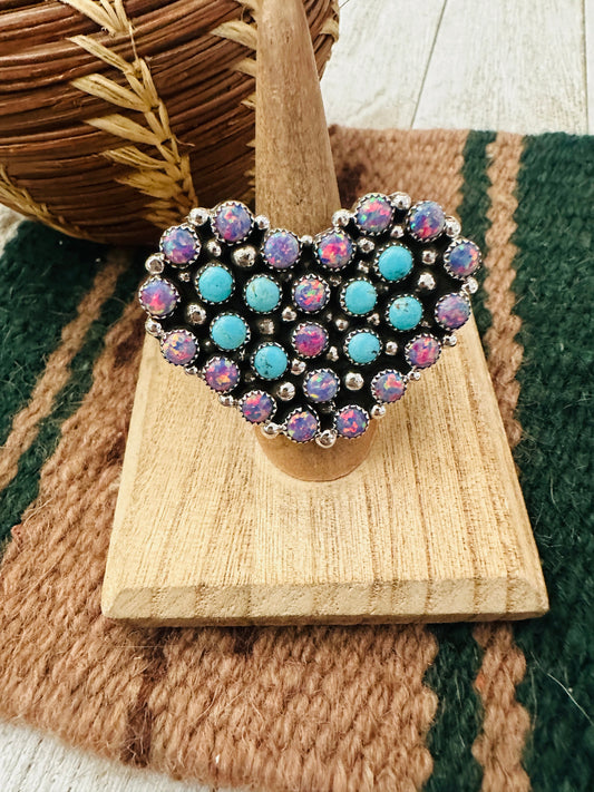 Navajo Sterling Silver, Opal & Turquoise Cluster Adjustable Heart Ring