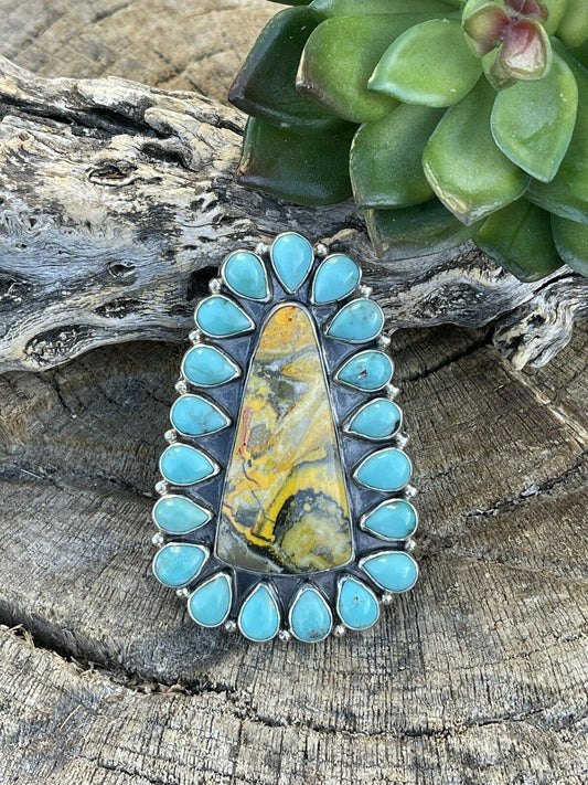 Navajo Sterling Bumblebee and Turquoise Stone Ring Sz 8.5