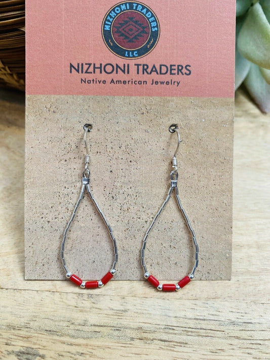 Navajo Sterling Liquid Silver & Coral Beaded Dangle Earrings