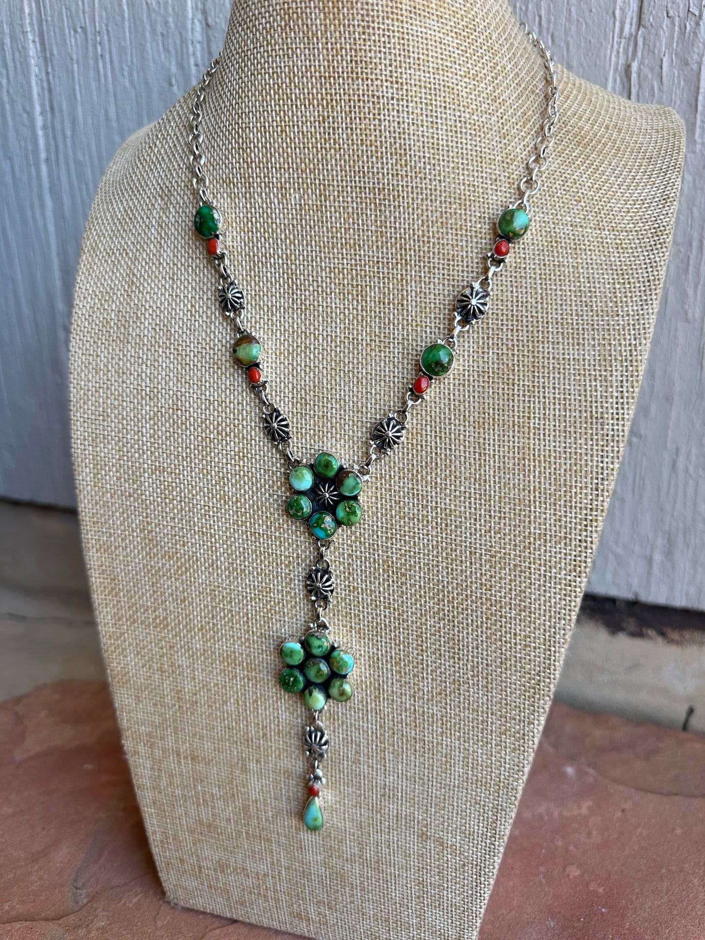 Beautiful Handmade Sterling Silver, Coral & Sonoran Turquoise Lariat Necklace Style C