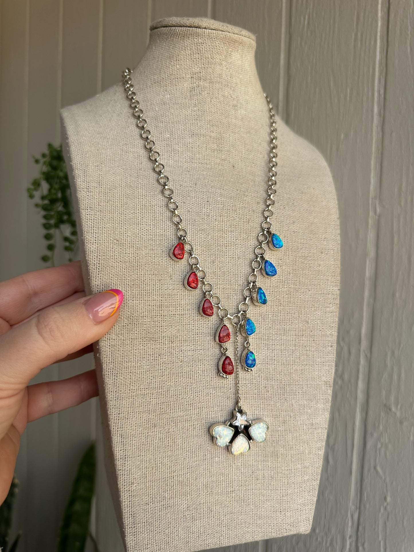 4th Of July Collection Handmade Sterling Silver & Red, White & Blue Fire Opal Drop Necklace