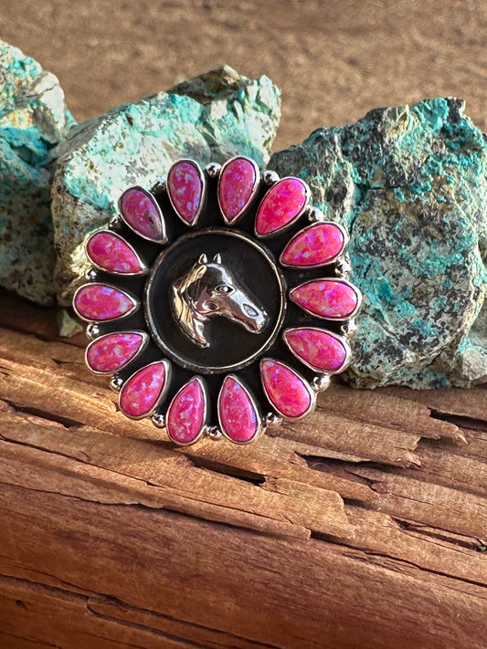 Beautiful Handmade Hot Pink Fire Opal And Sterling Silver Adjustable Horse  Ring