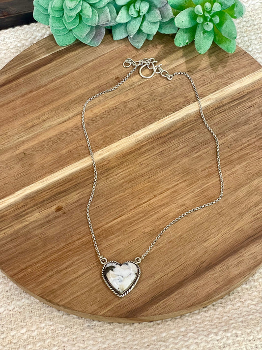 Handmade Sterling Silver, White Buffalo Heart Necklace Signed Nizhoni