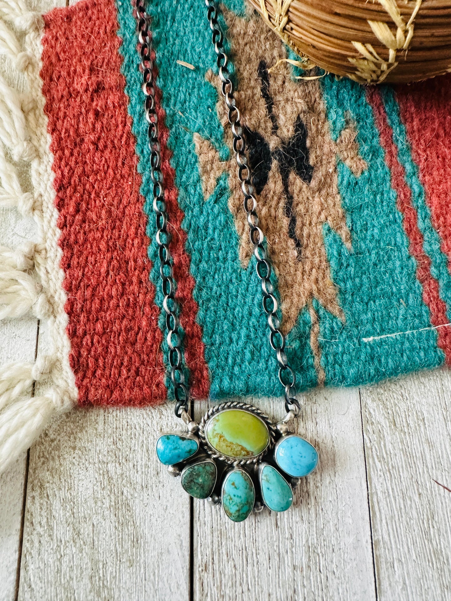 Navajo Sterling Silver & Turquoise Cluster Necklace by Elouise Kee