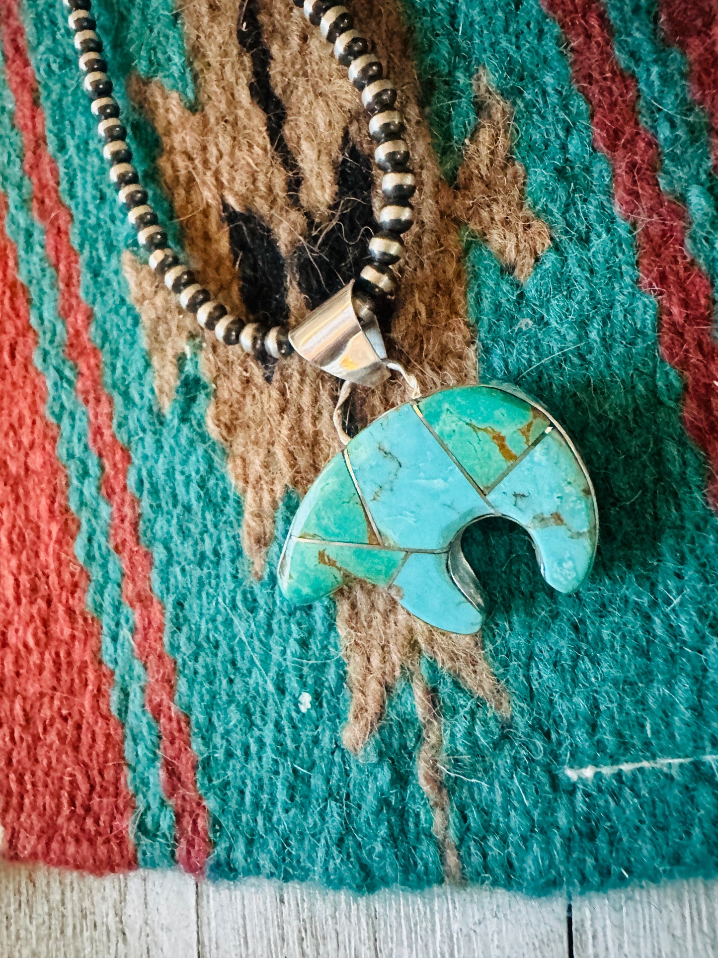 Navajo Turquoise & Sterling Silver Inlay Fetish Bear Pendant