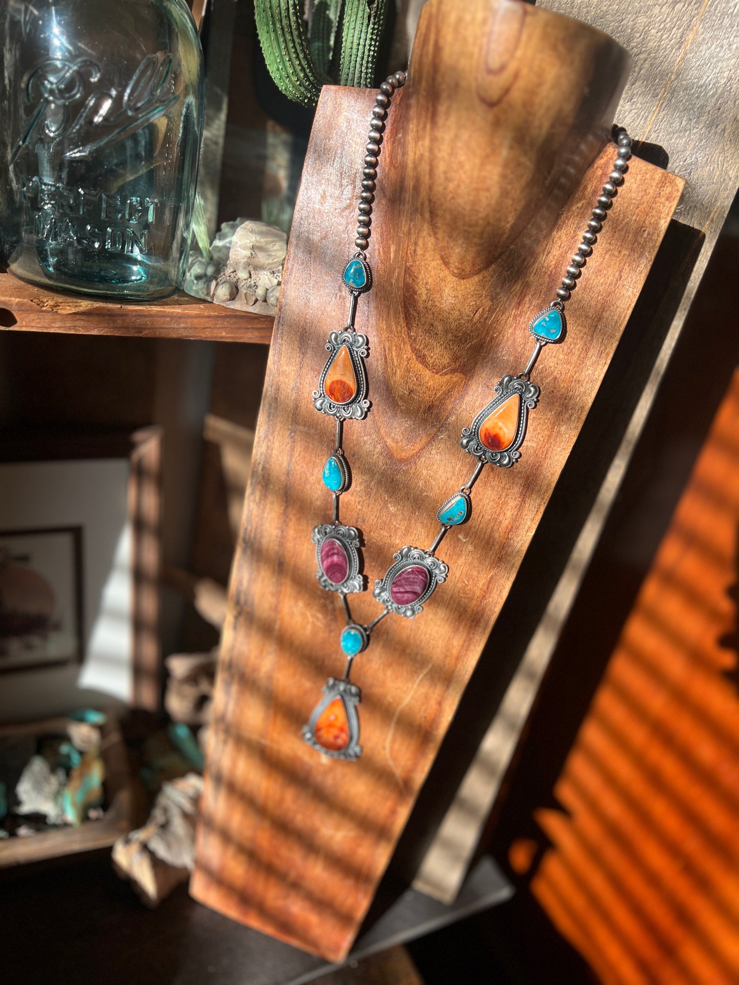 Navajo Sterling Silver, Spiny Oyster and Turquoise Link and Bead Necklace and Earrings Set by Derrick Gordon