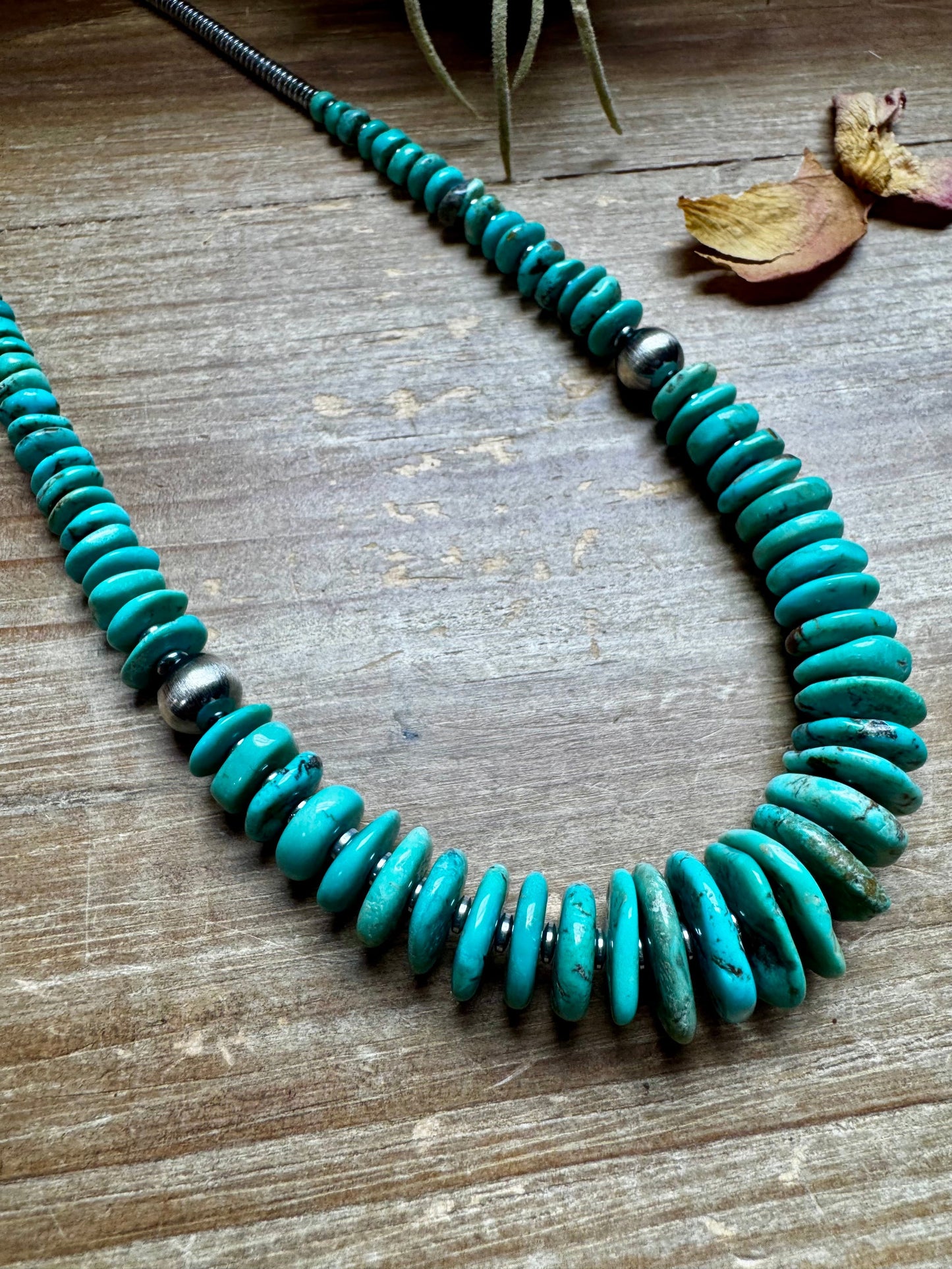 22 inch Graduated Green/Blue necklace with Sterling silver pearls