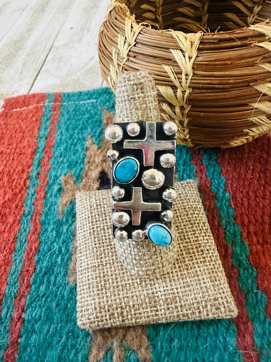 Navajo Turquoise & Sterling Silver Cross Ring Chimney Butte Size 8