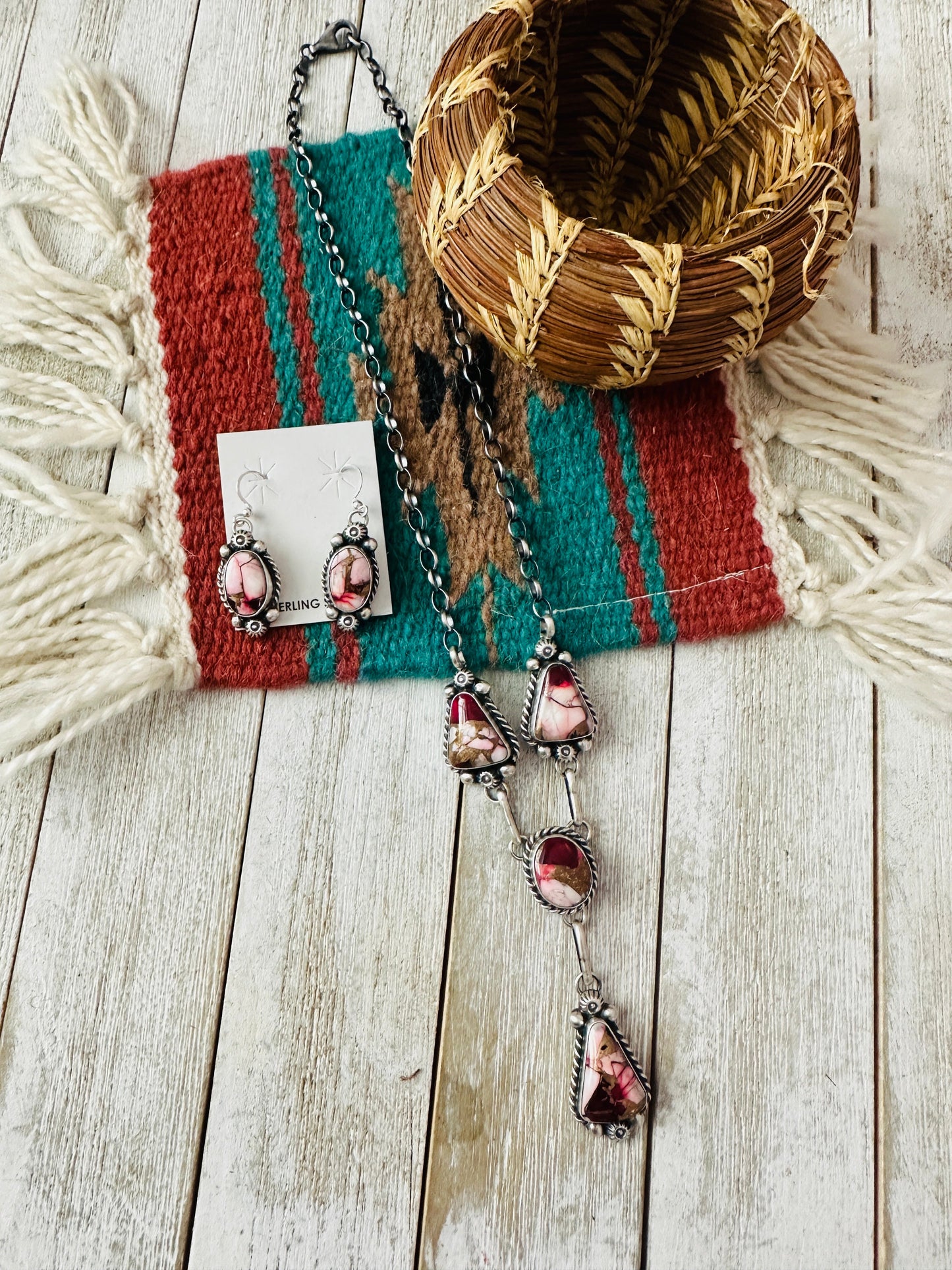 Navajo Rose Dahlia & Sterling Silver Necklace and Earring Set