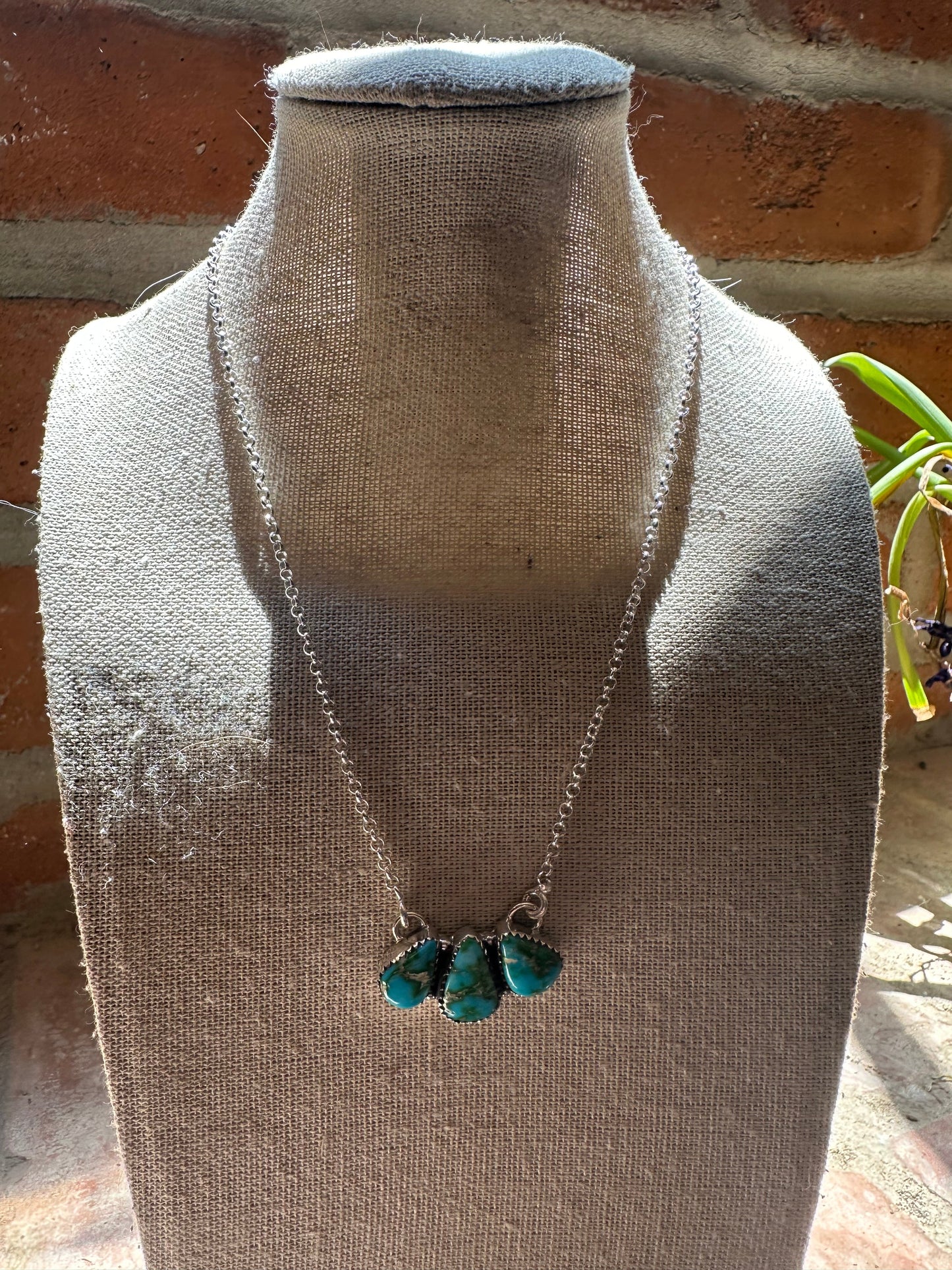 Beautiful Handmade Sterling Silver & Sonoran Turquoise 3 Stone Necklace