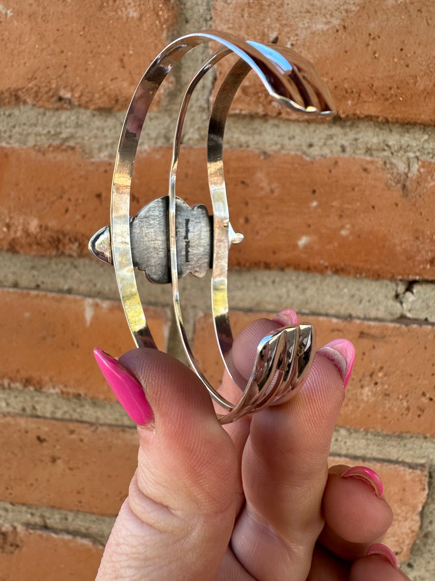 Handmade Sterling Silver, Coral & Dyed Kingman Turquoise Cactus Adjustable Cuff Bracelet