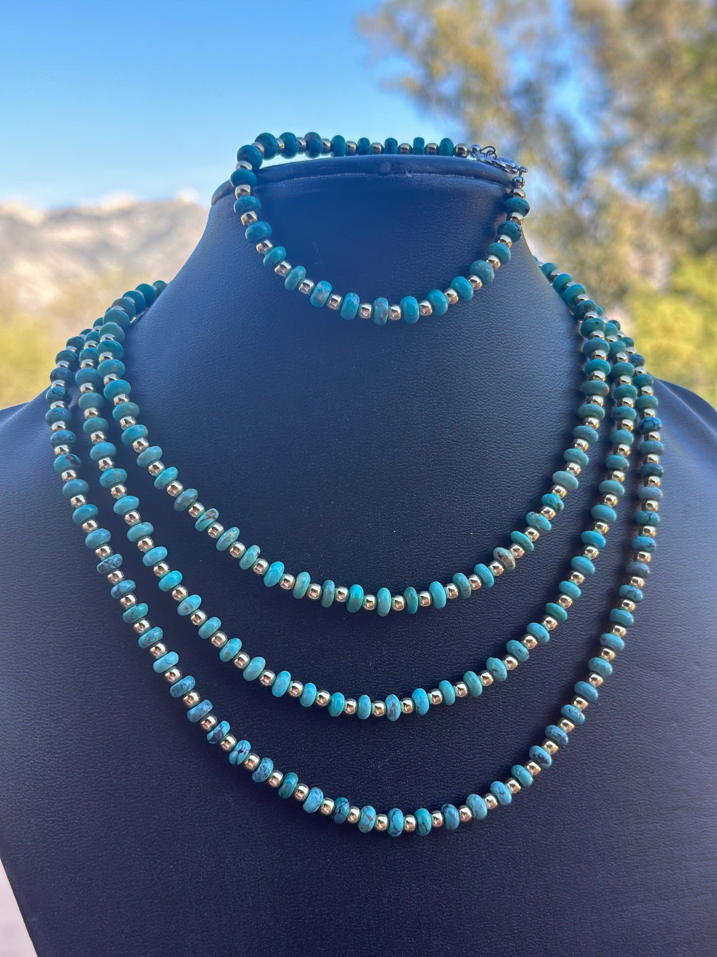 Gilded Sky Navajo Turquoise, Gold & Sterling Silver Beaded Necklace and Bracelets