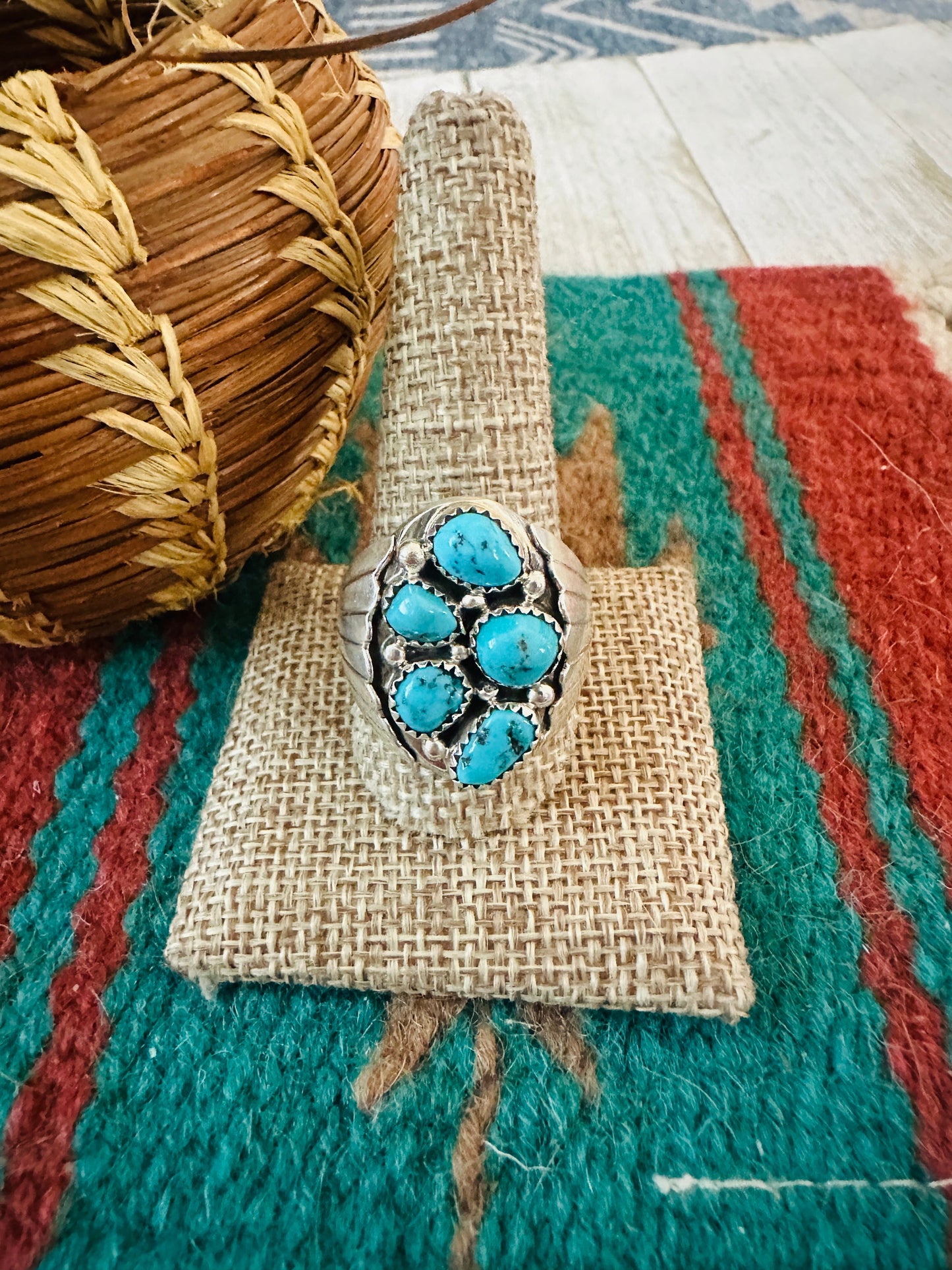 Old Pawn Navajo Sterling Silver & Turquoise Cluster Ring