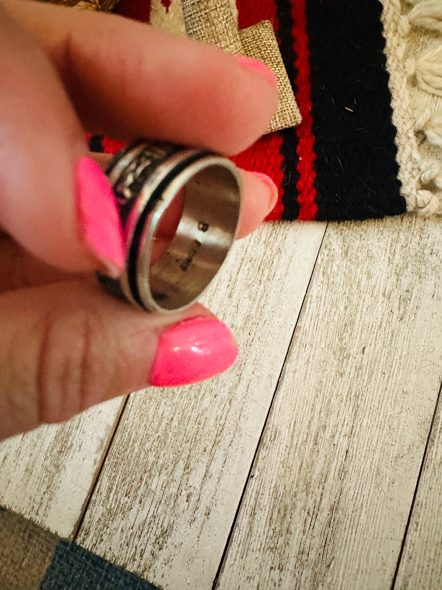 Navajo Hand Stamped Sterling Silver Storyteller Ring Size 8