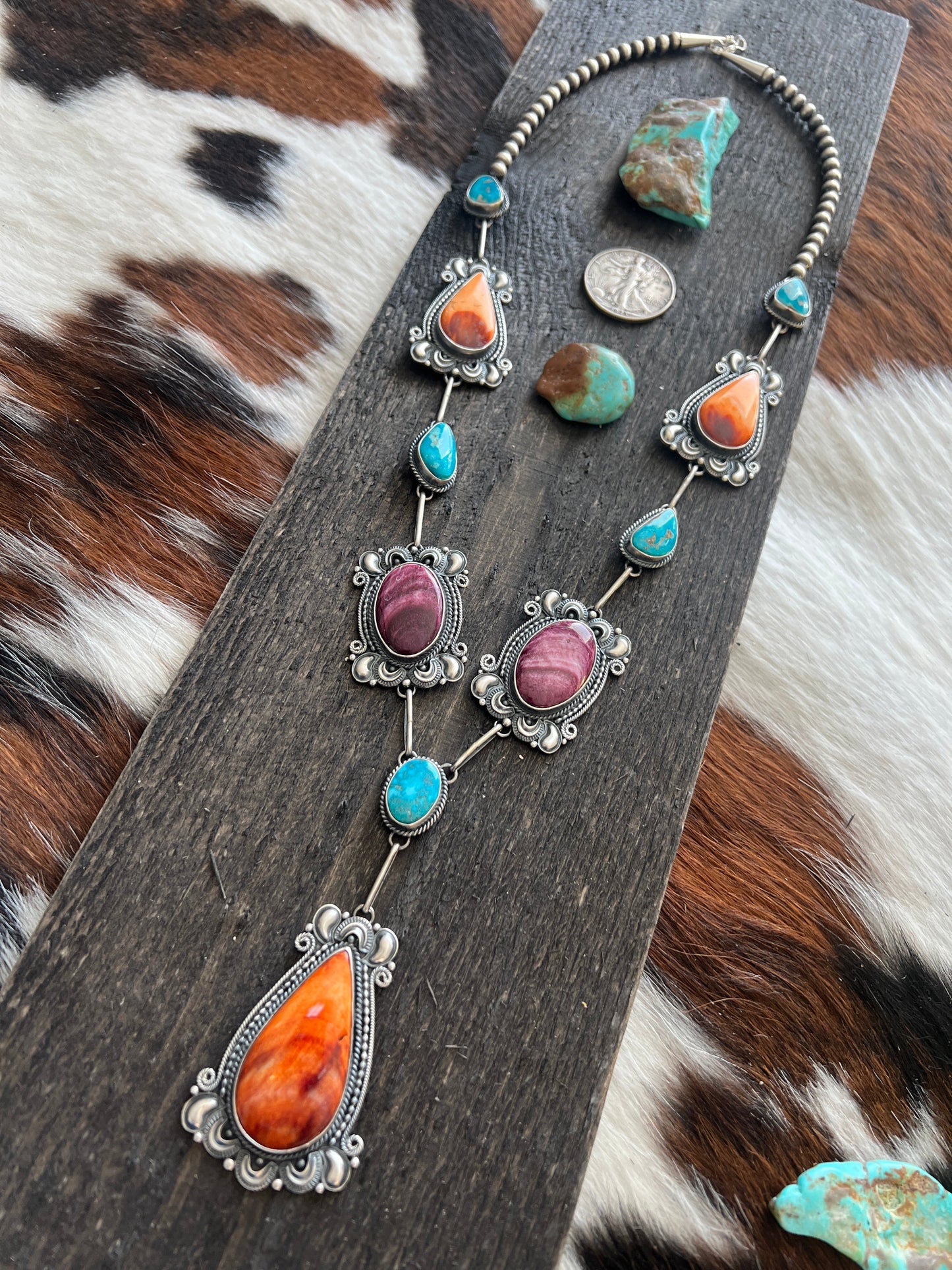 Navajo Sterling Silver, Spiny Oyster and Turquoise Link and Bead Necklace and Earrings Set by Derrick Gordon