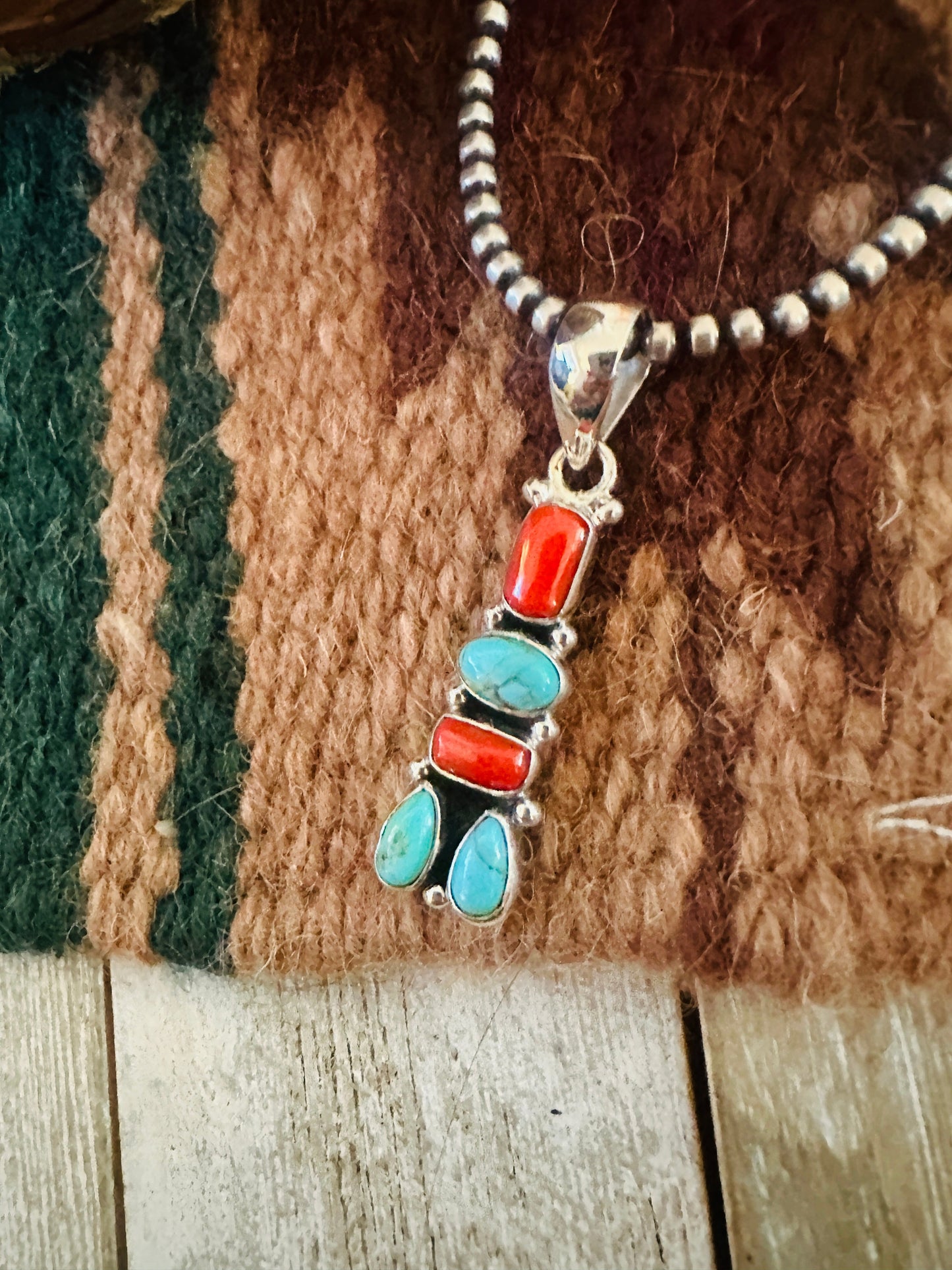** Christmas Collection ** Handmade Sterling Silver, Coral & Turquoise Pendant Signed Nizhoni