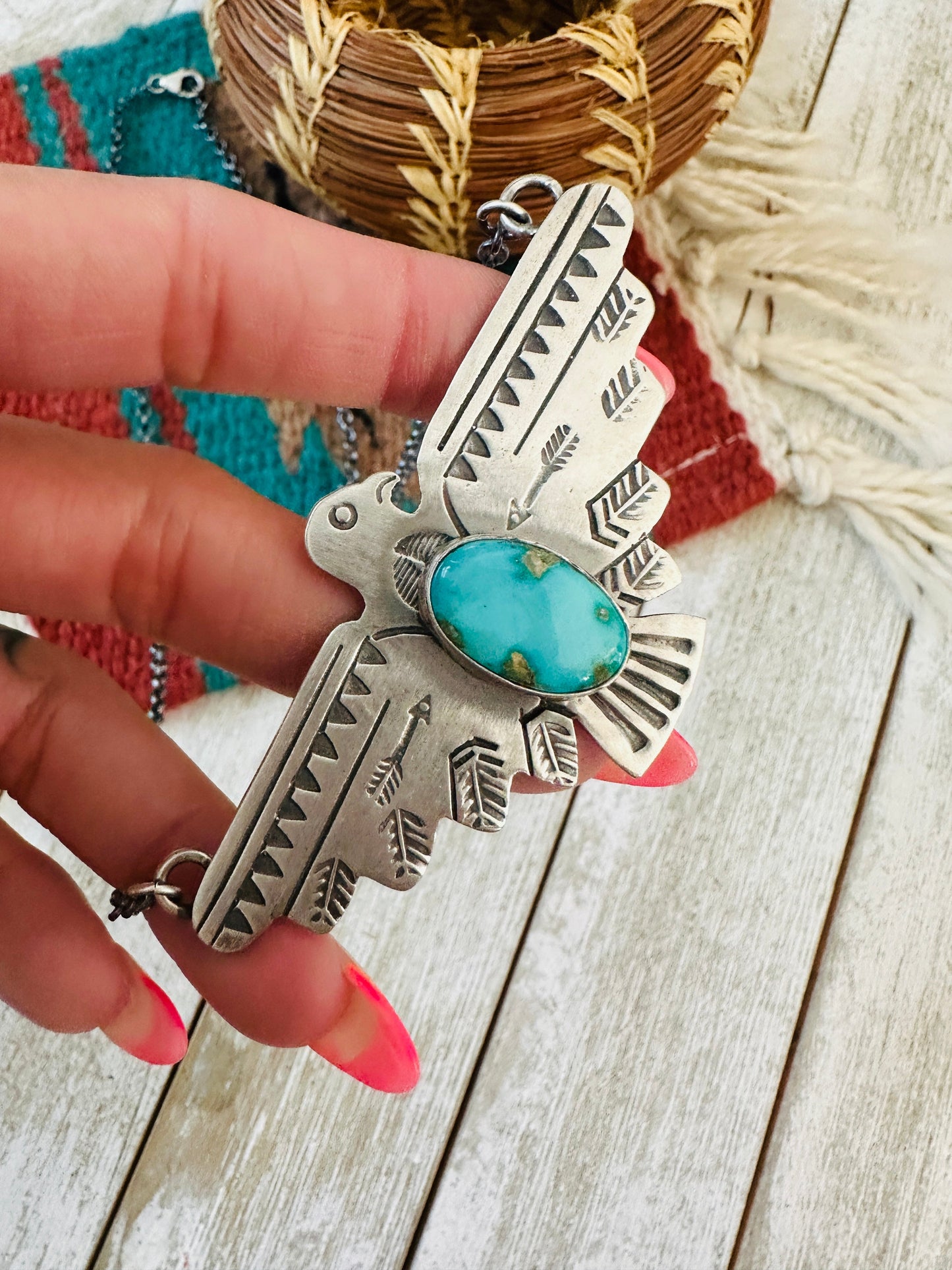 Navajo Turquoise & Sterling Silver Thunderbird Necklace by Russell Sam