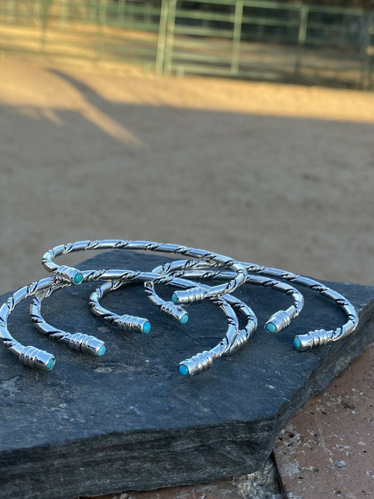 Navajo Sterling Silver & Turquoise Twisted Rope Stacker Bracelet Cuff 1/8”