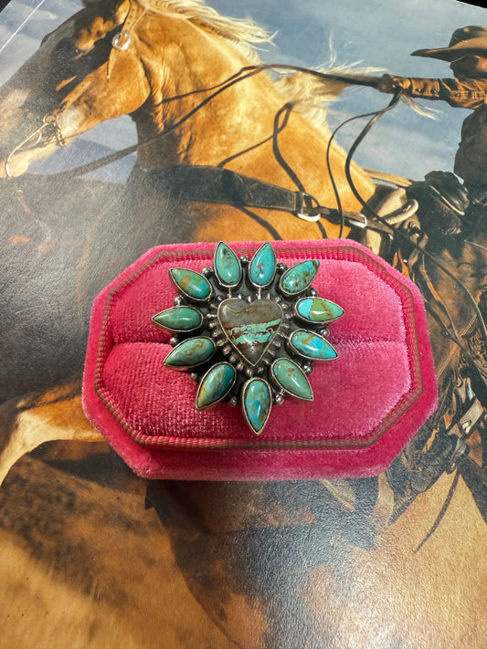 Handmade Sterling Silver, Kingman Turquoise, Ribbon Turquoise Adjustable Heart Ring