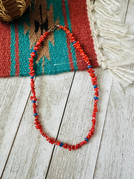 Navajo Apple Coral, Lapis & Sterling Beaded Necklace