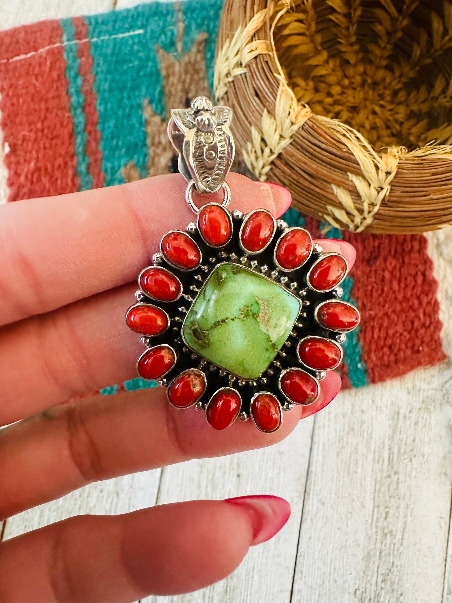 ** Christmas Collection ** Handmade Sterling Silver, Coral & Turquoise Cluster Pendant Signed Nizhoni