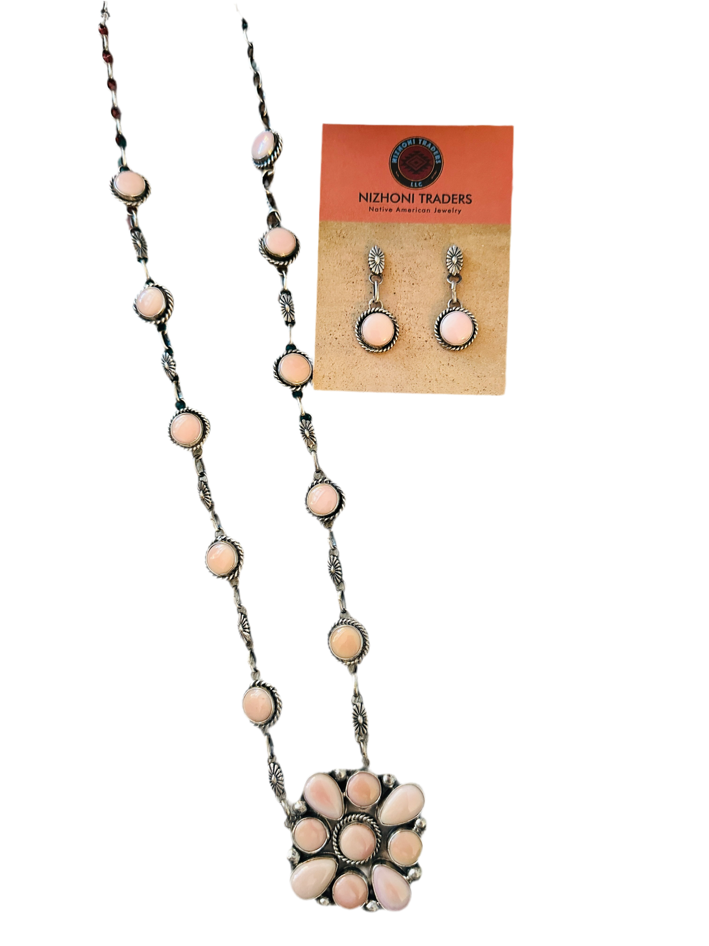 Navajo Queen Pink Conch & Sterling Silver Cluster Necklace Set