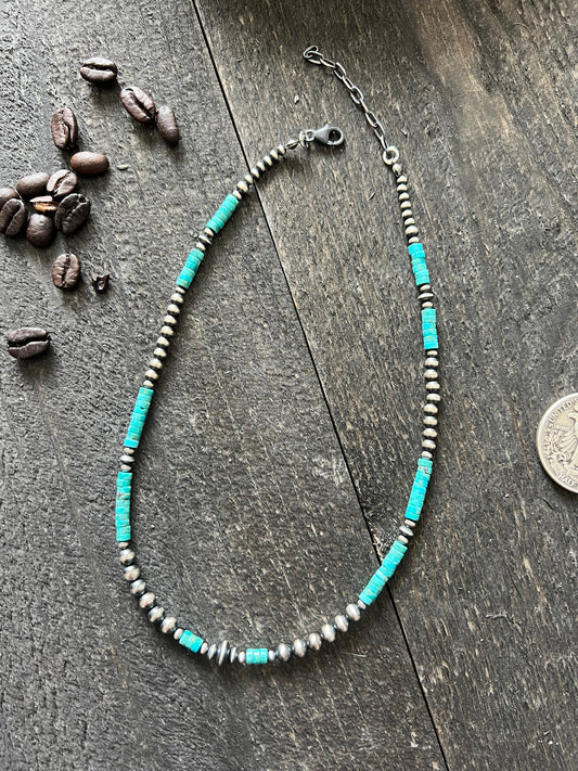 Summer Lovin’ Navajo Beaded Layering Necklace with Sterling Silver and Turquoise, 15” + 2”, The Wave Runner
